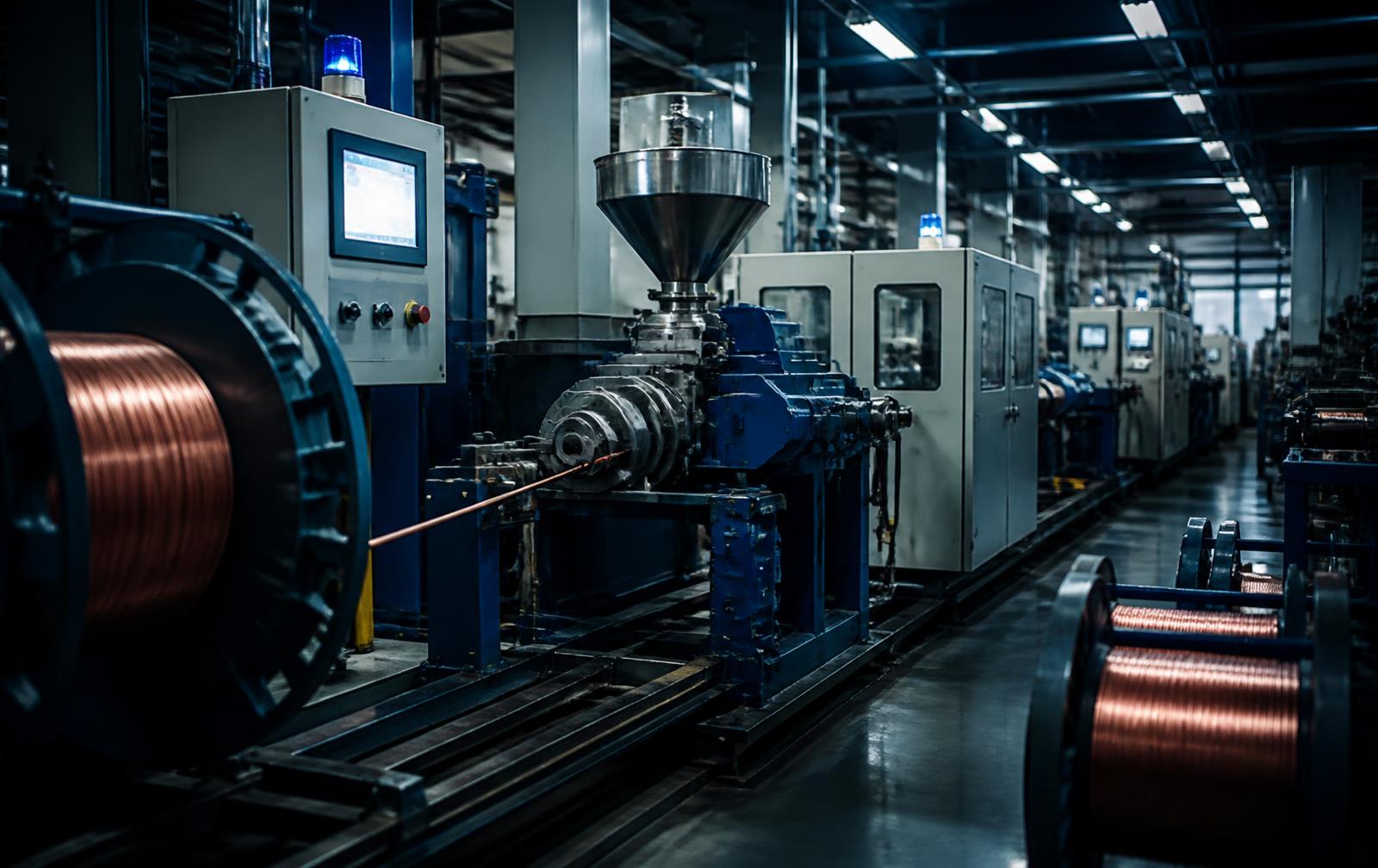 Cable extrusion line with control cabinets in a production plant