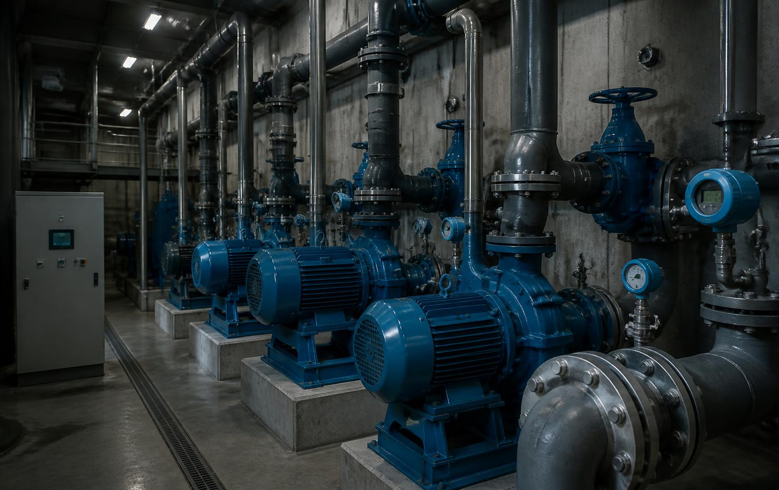 Pumping station with pumps, valves, flow meters and RTU cabinet